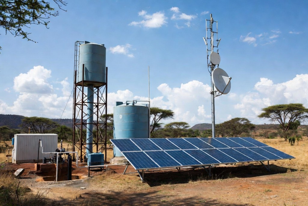 Earthe Water and Wi-Fi Station with solar panels, water tanks and community connectivity mast